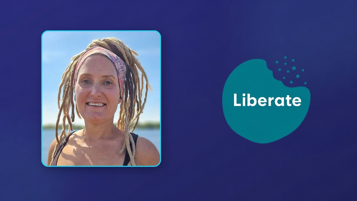 Ellen Bennett alongside the Liberate programme logo on a navy PHC background