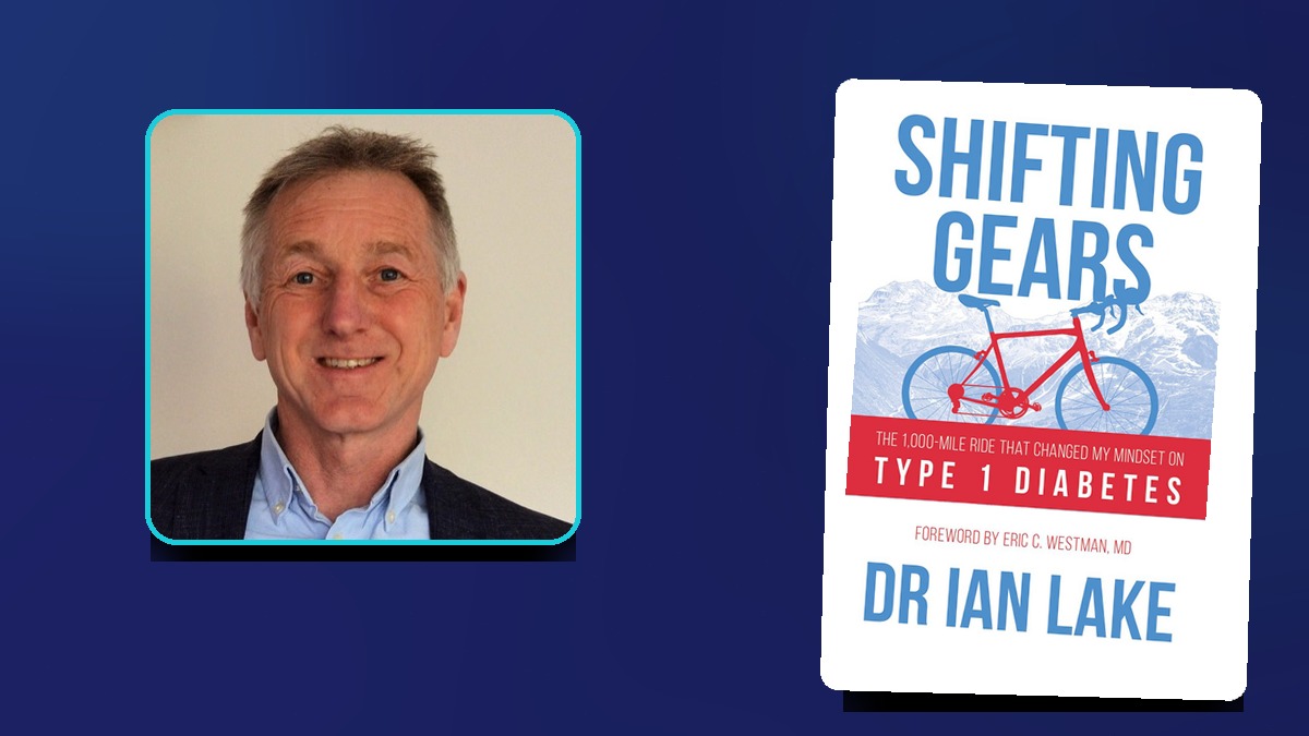Dr Ian Lake beside the cover of his book Shifting Gears