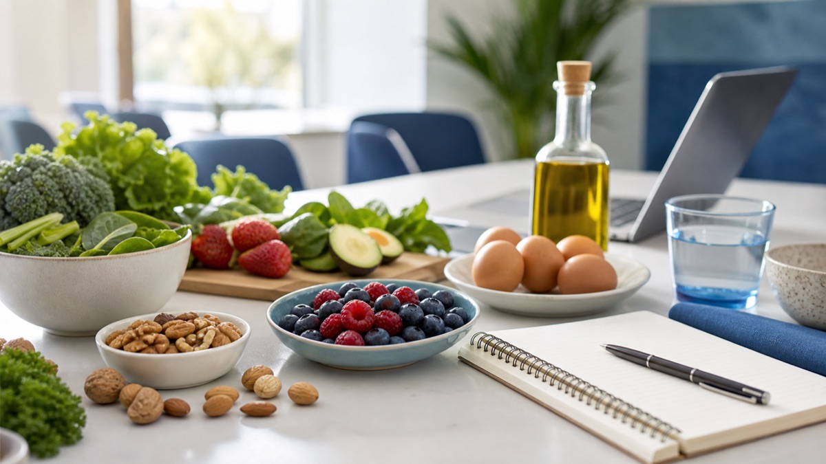 Fresh real food and health education materials on a seminar table